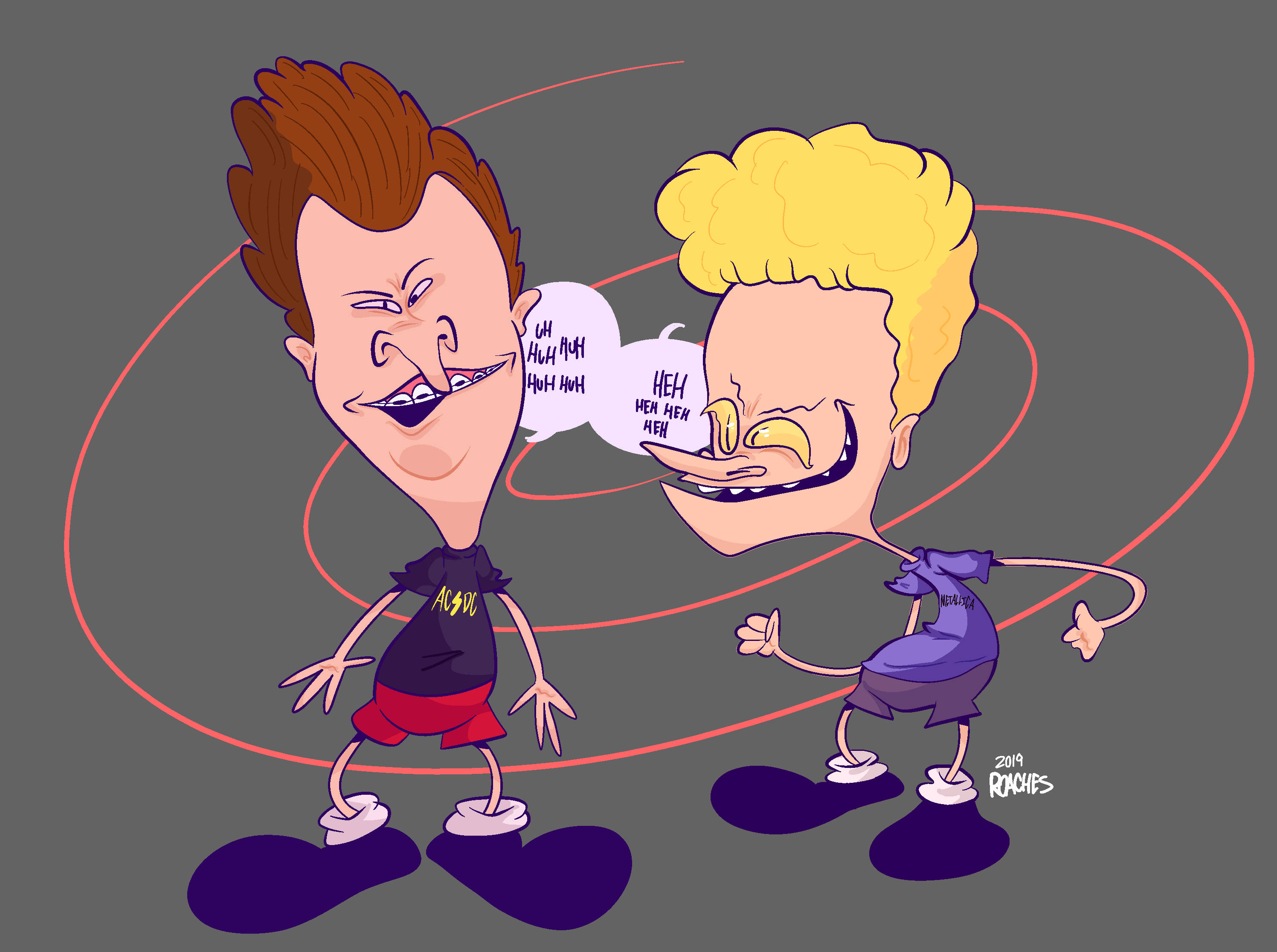 Beavis 桌布 壁紙 — 兩個卡通男孩誇張地咧嘴笑，對話氣泡在灰色背景上瘋狂大笑，背景有紅色漩渦線條。