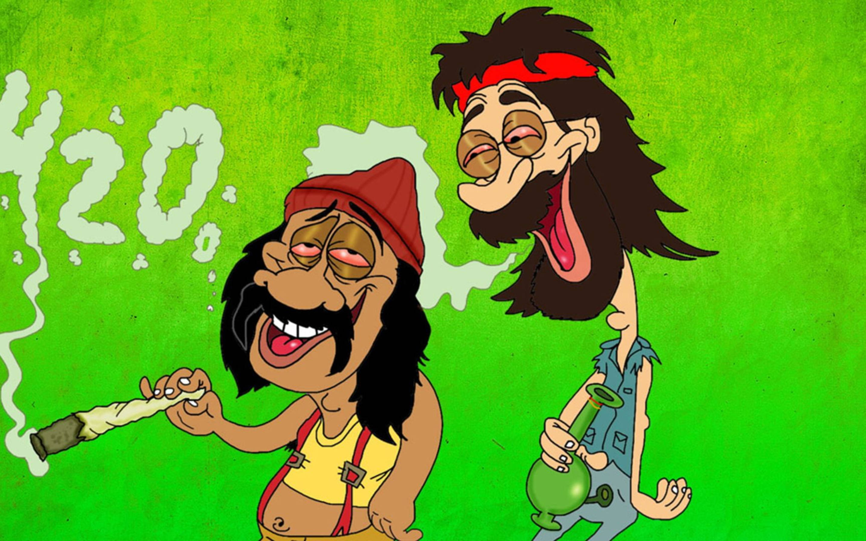 吸大麻 桌布 壁紙 — 兩個卡通癮君子在充滿活力的綠色背景前咧嘴大笑，'420'煙霧在他們周圍旋轉。