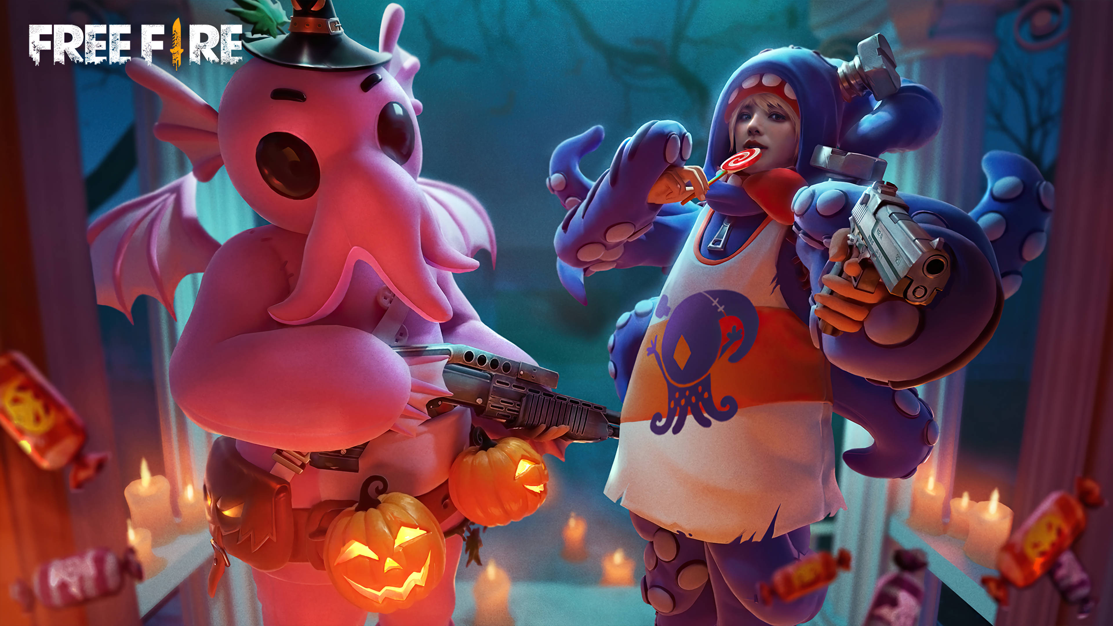 free fire bundle 桌布 壁紙 — 兩個卡通章魚角色穿著萬聖節服裝，在漂浮的糖果和發光的南瓜燈中持槍，處於一個陰森的房間。