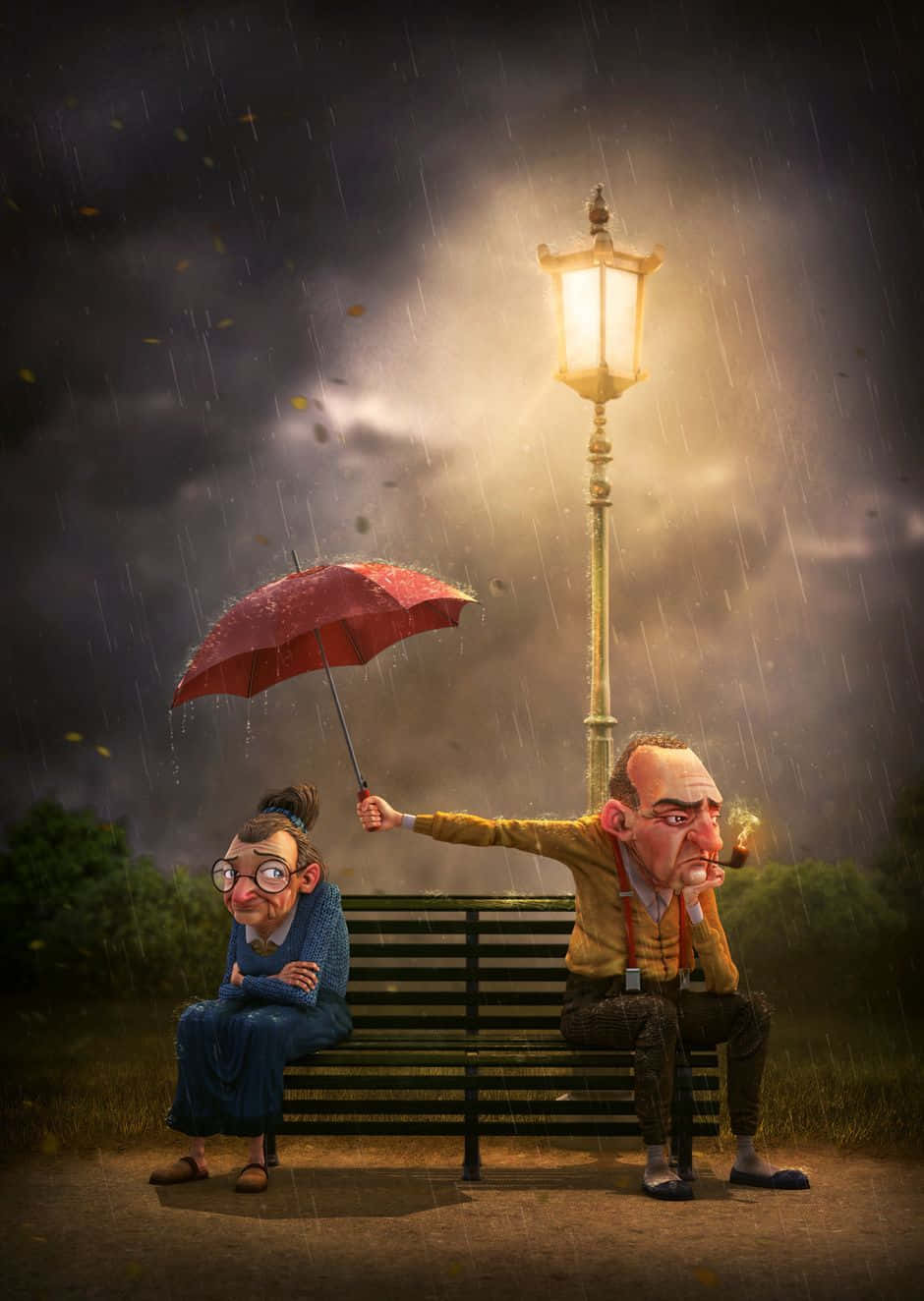 Couple 桌布 壁紙 — 兩個卡通老人坐在長椅上，在紅色雨傘下，雨點落在發光街燈周圍。