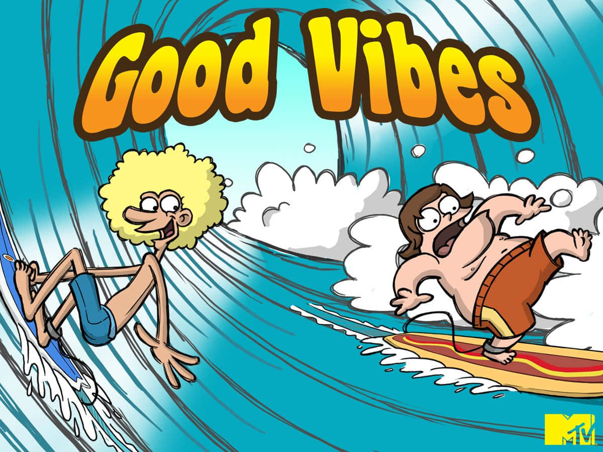 搞笑 桌布 壁紙 — 兩個卡通衝浪者騎著巨大的藍色波浪，上面有「Good Vibes」文字。
