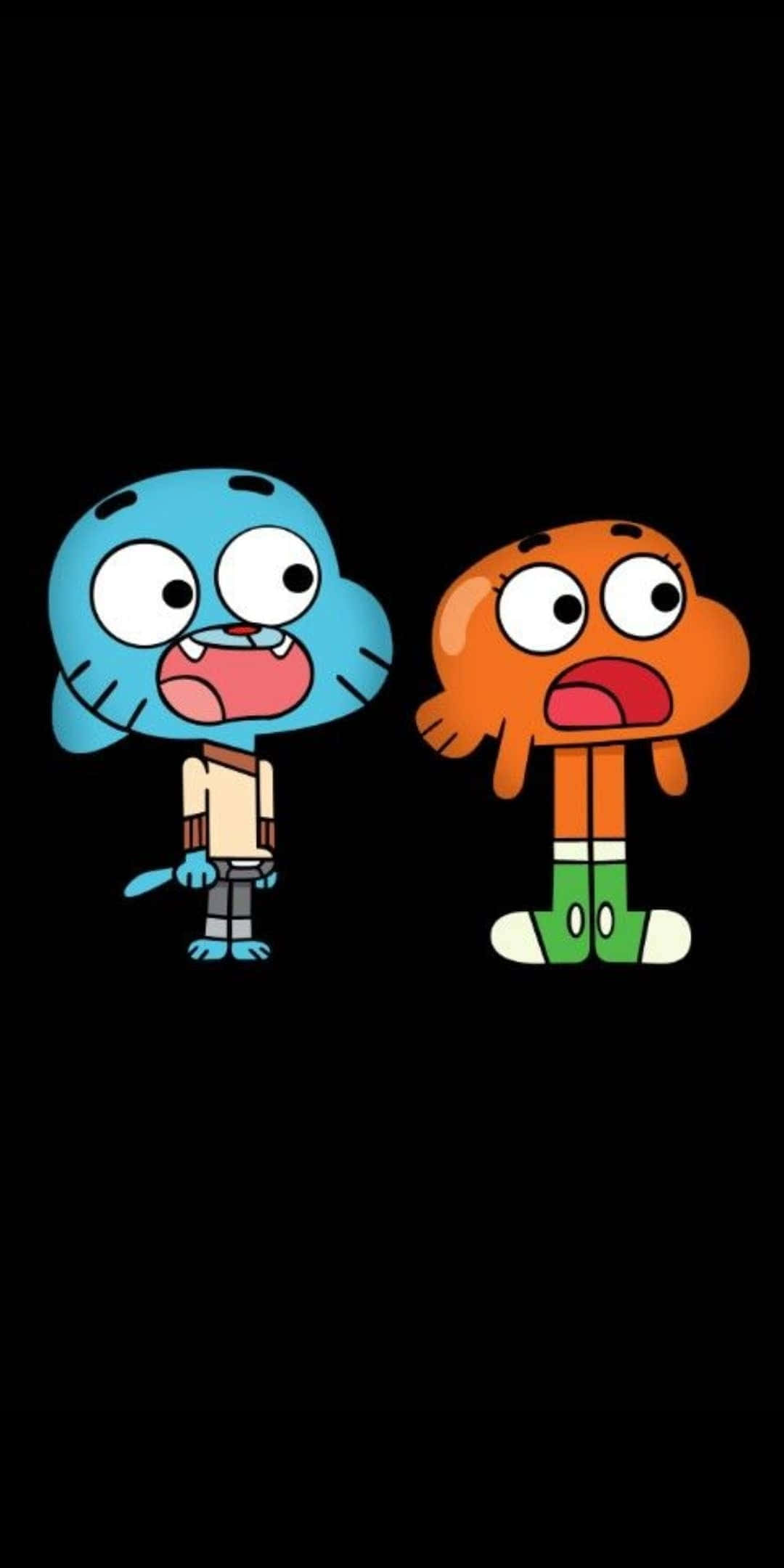 Gumball And Darwin 桌布 壁紙 — 兩個卡通角色 Gumball 和 Darwin 並肩站在黑色背景前，睜大眼睛露出震驚的表情。