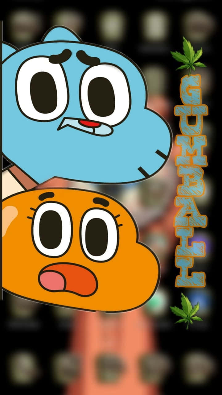 the amazing world of gumball 桌布 壁紙 — 兩個卡通角色 Gumball 和 Darwin 在模糊背景前露出驚訝的表情。
