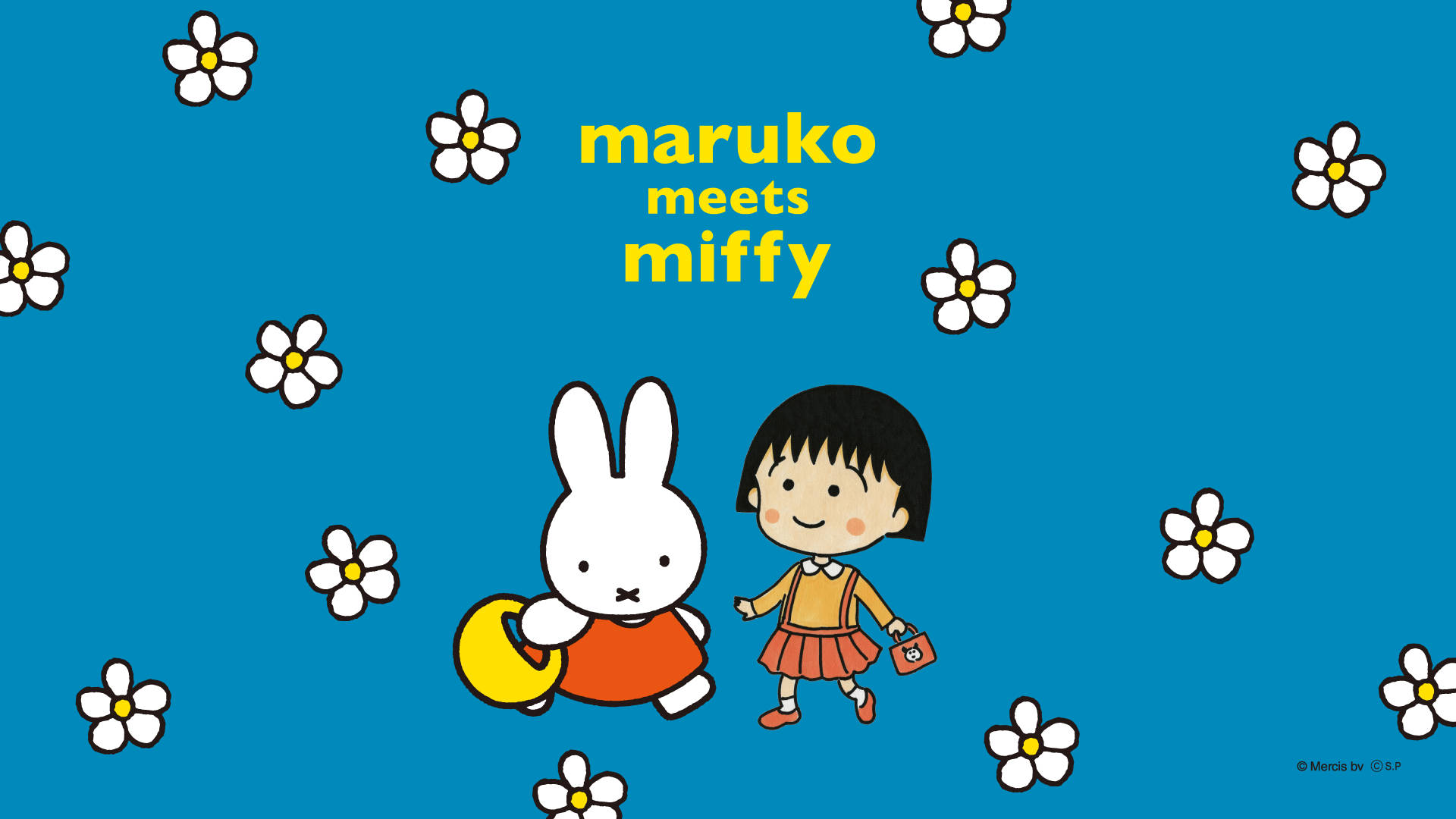 米飛兔 桌布 壁紙 — 兩個卡通角色 Miffy 和 Maruko 在點綴著白色花朵的亮藍色背景上一起行走。