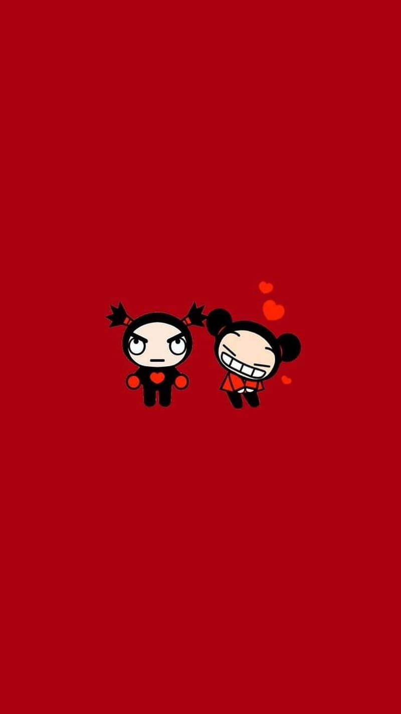 Pucca 桌布 壁紙 — 兩個卡通角色，一個生氣一個微笑，心形漂浮在他們旁邊，背景為純紅色。