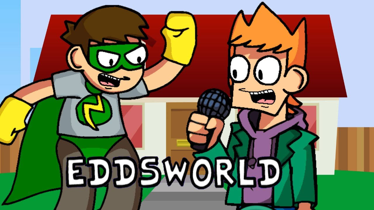 Eddsworld 桌布 壁紙 — 兩個卡通角色，一個穿著綠色超級英雄服裝舉起拳頭，另一個在寫有 'EDDSWORLD' 字樣的房子前拿著麥克風。