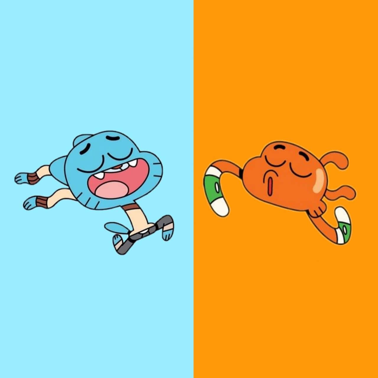 Gumball And Darwin 桌布 壁紙 — 兩個卡通角色，一個藍色一個橙色，在分開的藍色和橙色背景上快樂地跳躍。