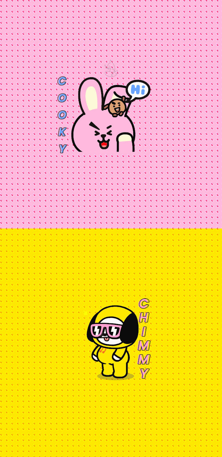 Cooky Bt21 桌布 壁紙 — 兩個卡通角色：一隻粉紅色兔子頭上有隻小小的棕色猴子，和一個黃色機器人，兩者都在點點背景上。