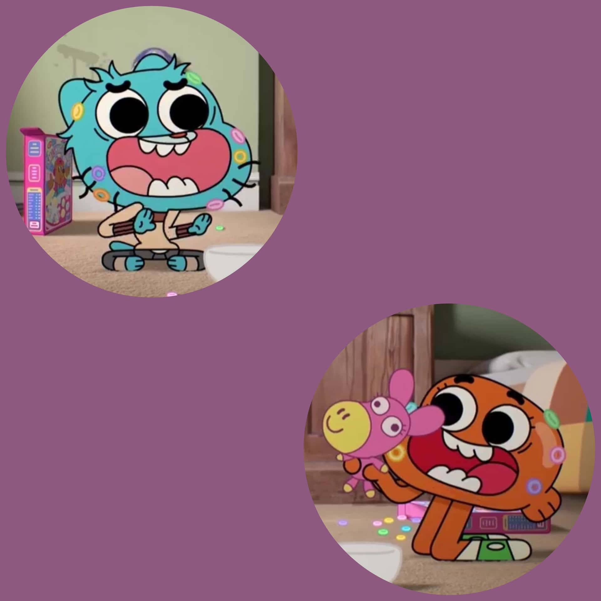 Matching Pfp 桌布 壁紙 — 兩個卡通角色，大眼睛、露齒笑，坐在紫色背景上的圓形框架內，周圍環繞著色彩繽紛的糖果狀物體。