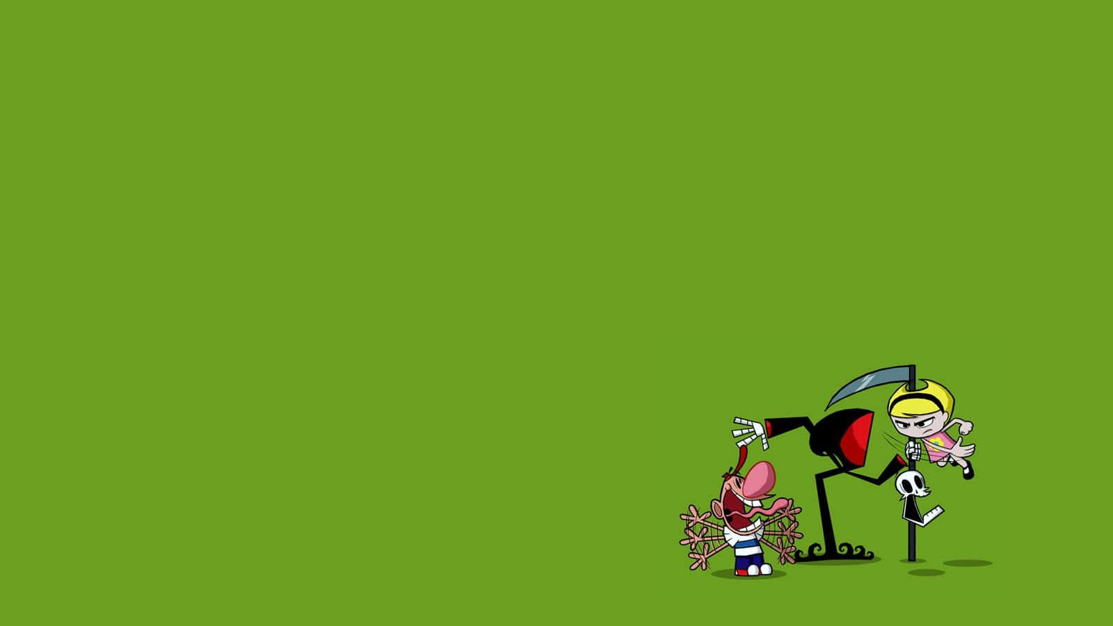 billy and mandy 桌布 壁紙 — 兩個卡通角色，手持鐮刀和頭骨，站在純綠色背景上，風格簡約。