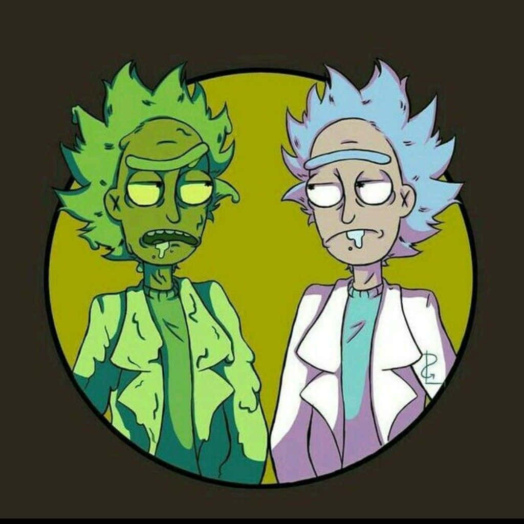 The Council Of Ricks 桌布 壁紙 — 兩個卡通角色，頭髮尖尖，流著口水，並排站在黃色圓形背景前。