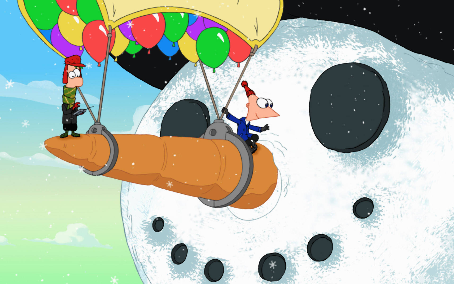 Ferb 桌布 壁紙 — 兩個卡通角色乘坐由彩色氣球拉動的胡蘿蔔動力雪橇，在雪天中飛越一個巨大的雪人。