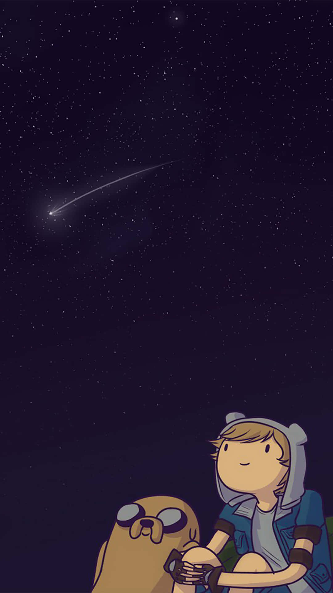 桌布 壁紙 — 兩個卡通角色仰望星空，一顆明亮的流星劃過深紫色的夜空。