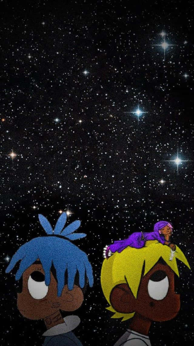 Lil Uzi Cartoon 桌布 壁紙 — 兩個卡通角色仰望閃爍的星海，明亮的星星佈滿夜空。