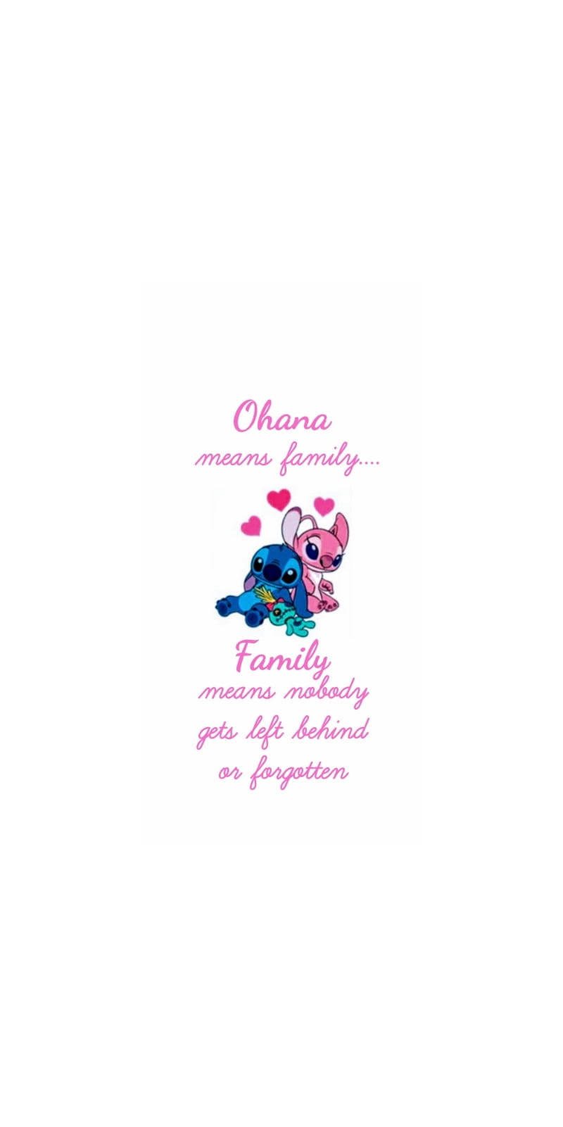 cute disney stitch 桌布 壁紙 — 兩個卡通角色史迪奇和安琪在白色背景上擁抱，帶有心形和關於家庭的粉紅色文字。