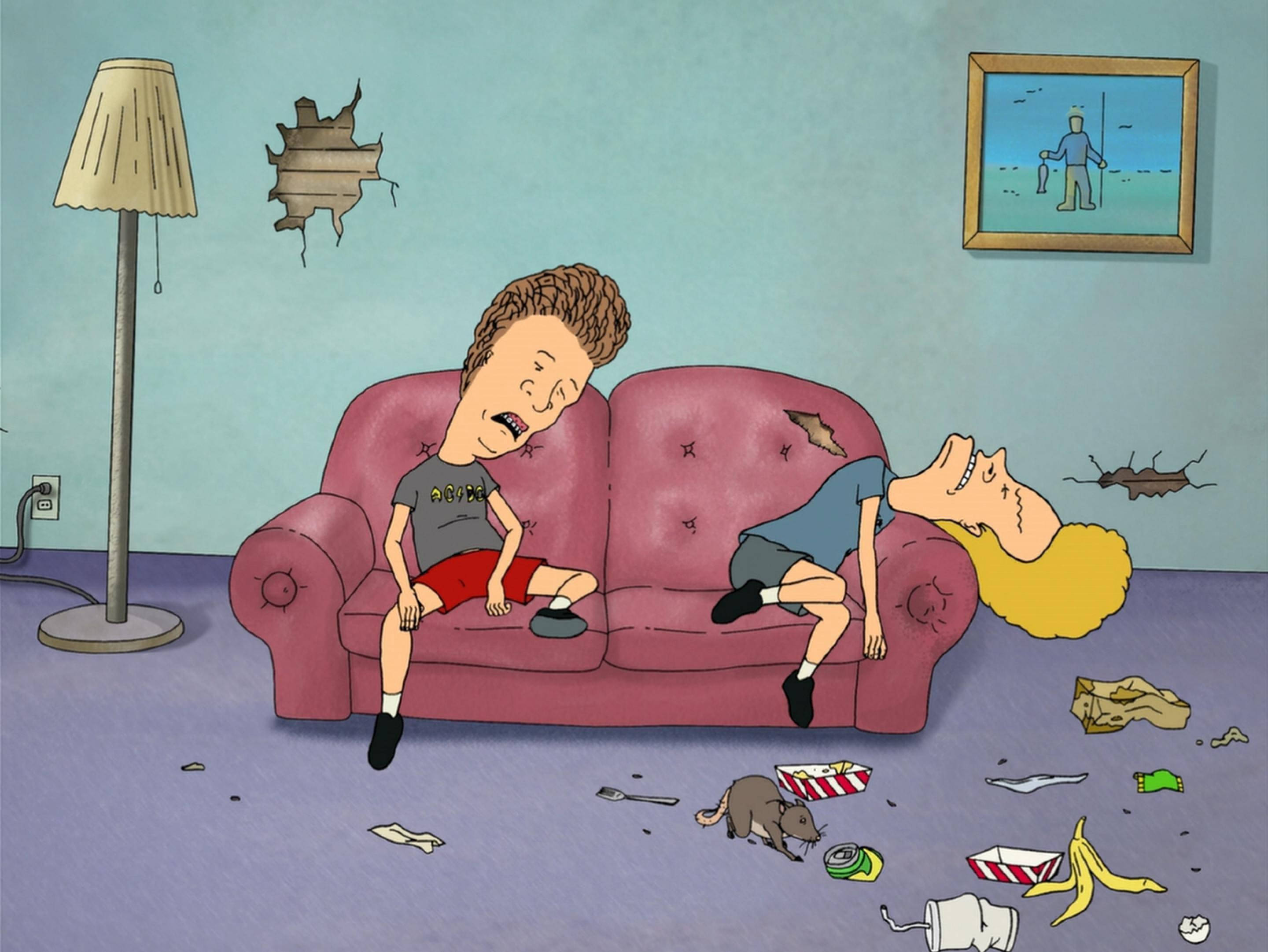 Beavis 桌布 壁紙 — 兩個卡通角色在一個有老鼠和散落垃圾的凌亂房間裡，在一張破爛的粉紅色沙發上睡覺。