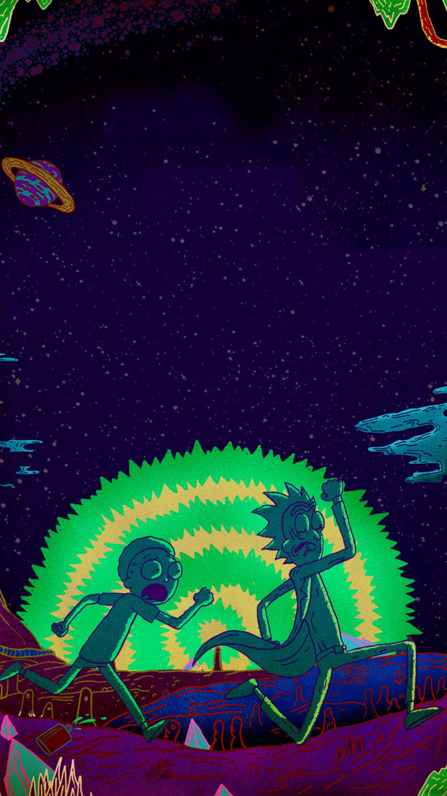 rick 桌布 壁紙 — 兩個卡通角色在一個超現實的外星行星上奔跑，背景是星光燦爛的紫色天空，身後有一個發光的綠色漩渦。