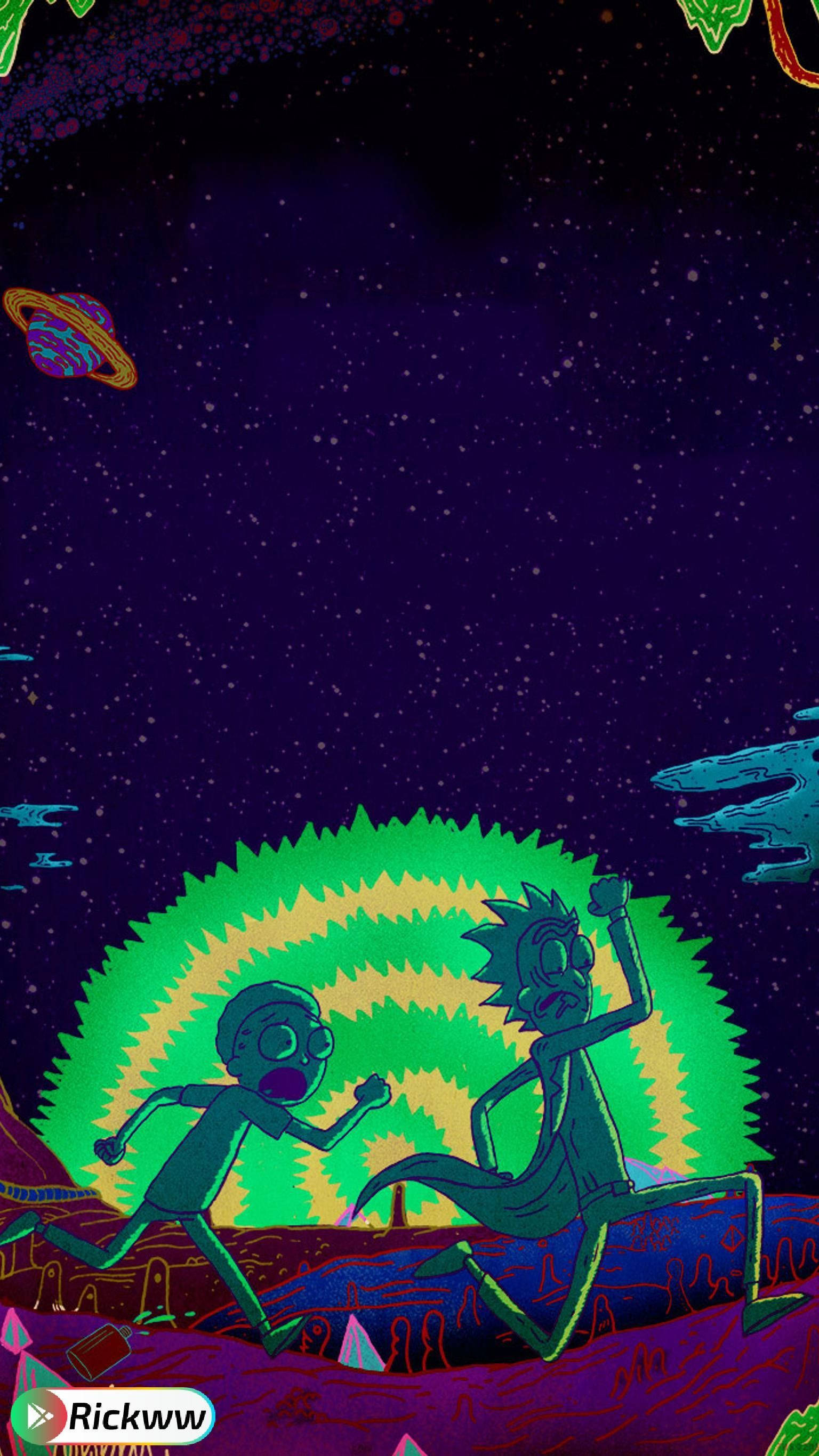 rick 桌布 壁紙 — 兩個卡通角色在一個超現實的外星行星上奔跑，天空是繁星點點的紫色，有發光的綠色太陽和漂浮的行星。