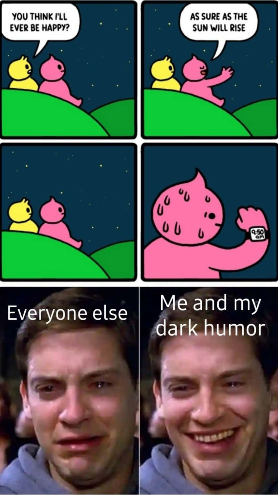 Dark Humor 桌布 壁紙 — 兩個卡通角色在夜晚的山丘上討論幸福，而一個粉紅色角色檢查950 AM時鐘並陰暗地微笑。