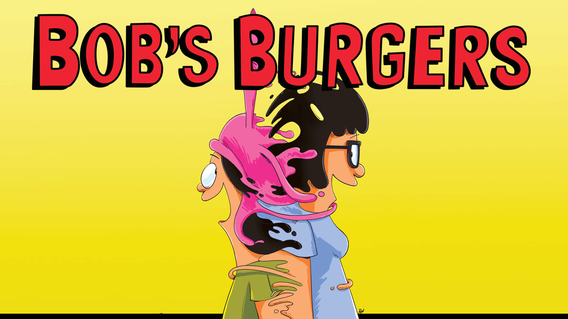 tina belcher 桌布 壁紙 — 兩個卡通角色在明亮的黃色背景上擁抱，下方是粗體紅色標題 Bob's Burgers。
