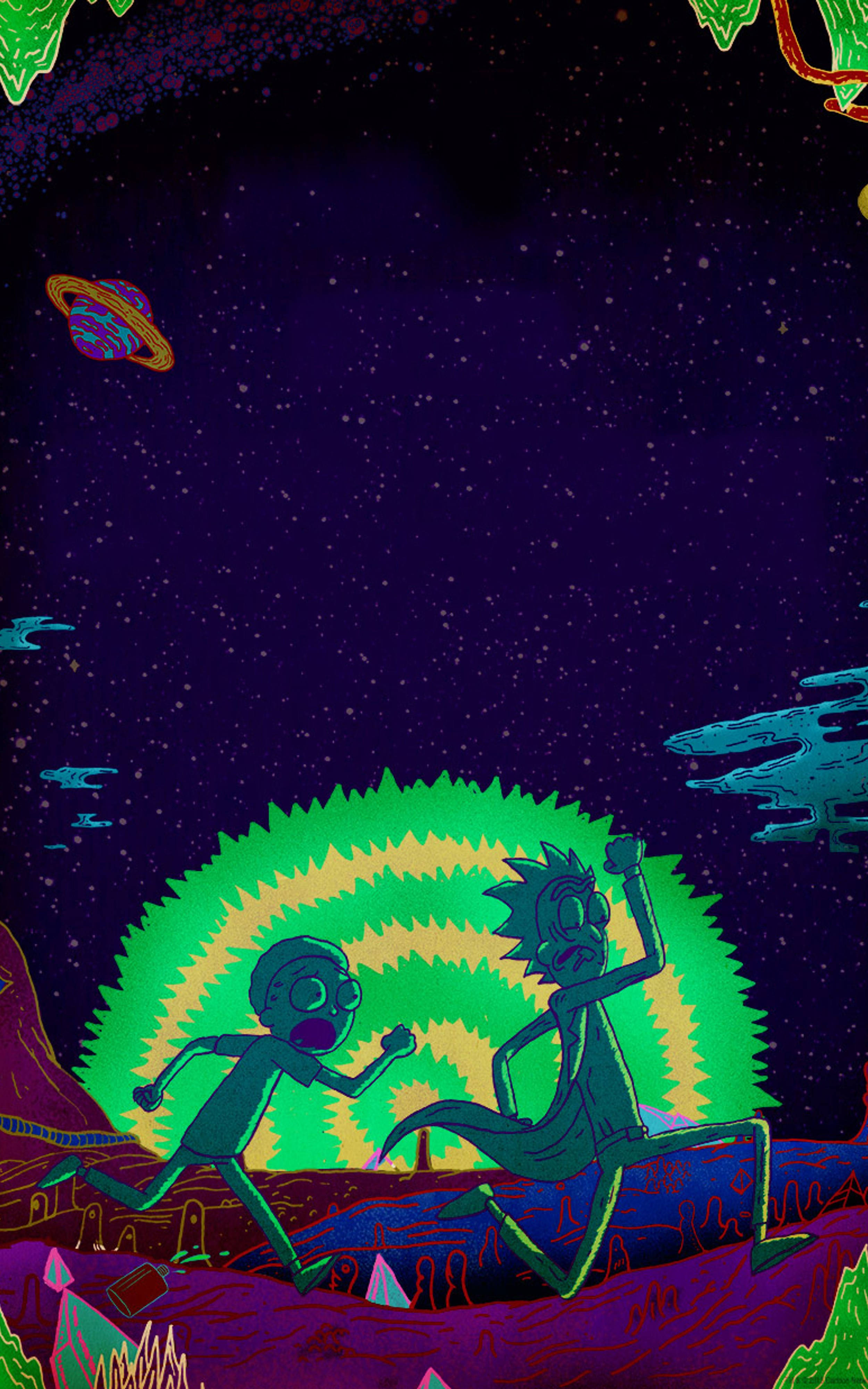 手機 桌布 壁紙 — 兩個卡通角色在星空紫色天空下，穿過超現實的外星景觀，有發光的綠色太陽和漂浮的行星。