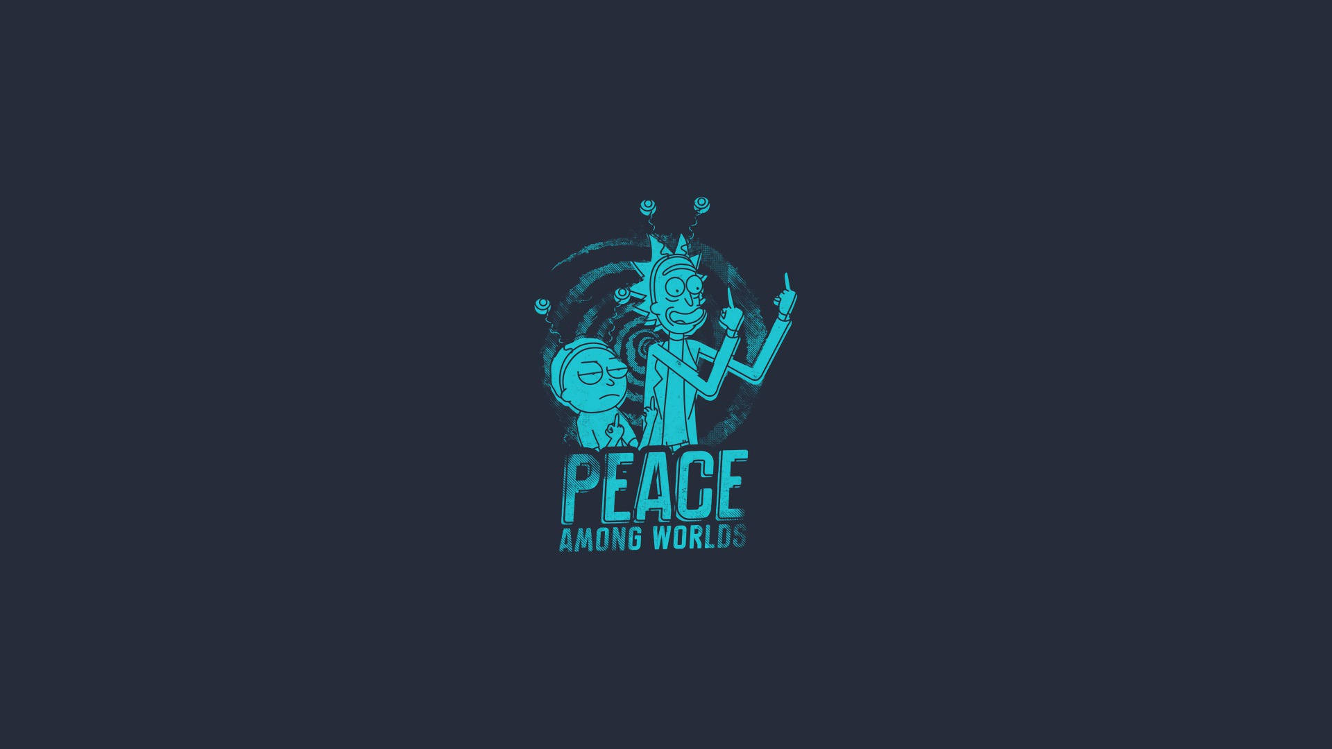 rick 桌布 壁紙 — 兩個卡通角色在深色背景上發出青綠色光芒，帶有「PEACE AMONG WORLDS」文字。