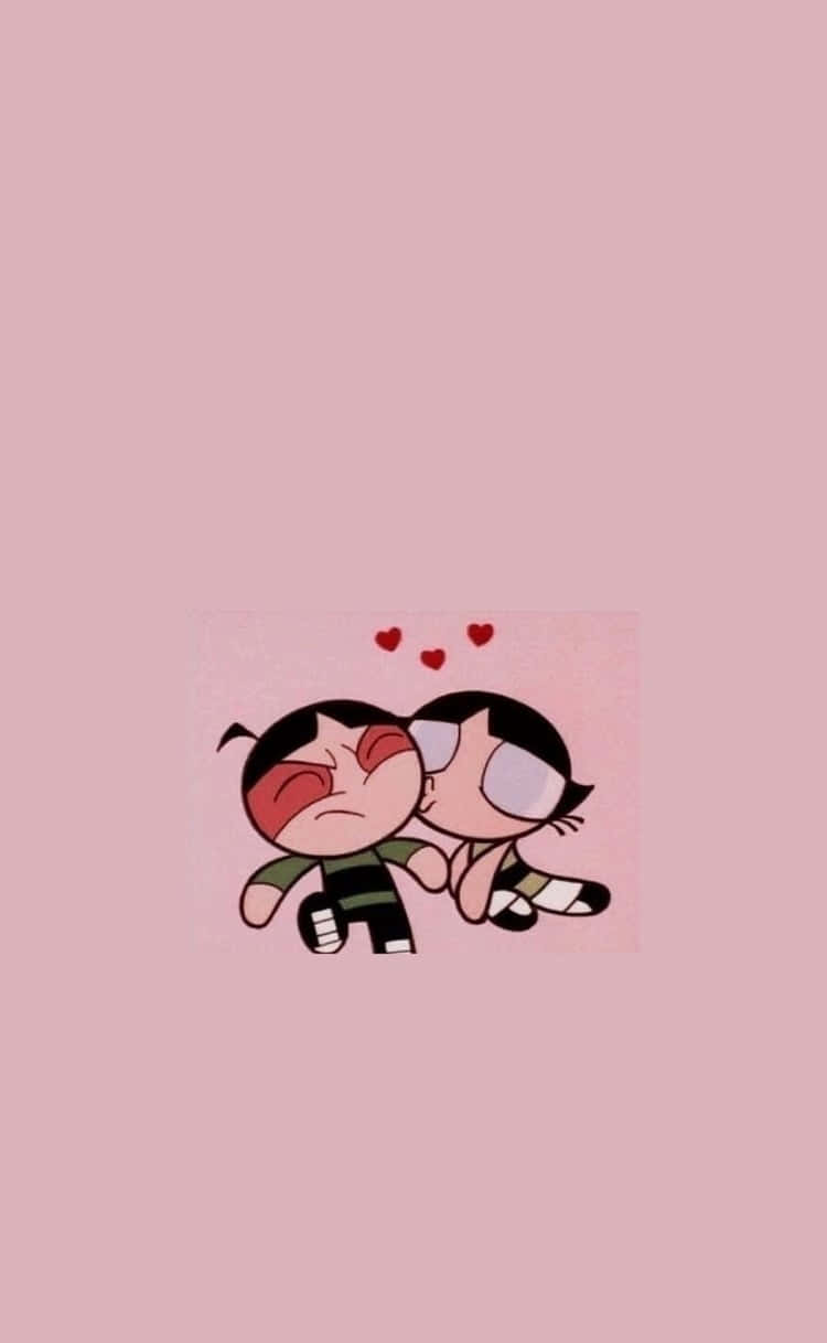 Cartoon Aesthetic iPhone 桌布 壁紙 — 兩個卡通角色在純粉紅色背景上接吻，心形在他們上方飄浮。