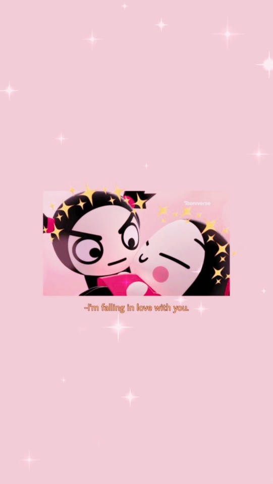Pucca 桌布 壁紙 — 兩個卡通角色在閃爍的粉紅色背景上接吻，並帶有文字「I'm falling in love with you。」