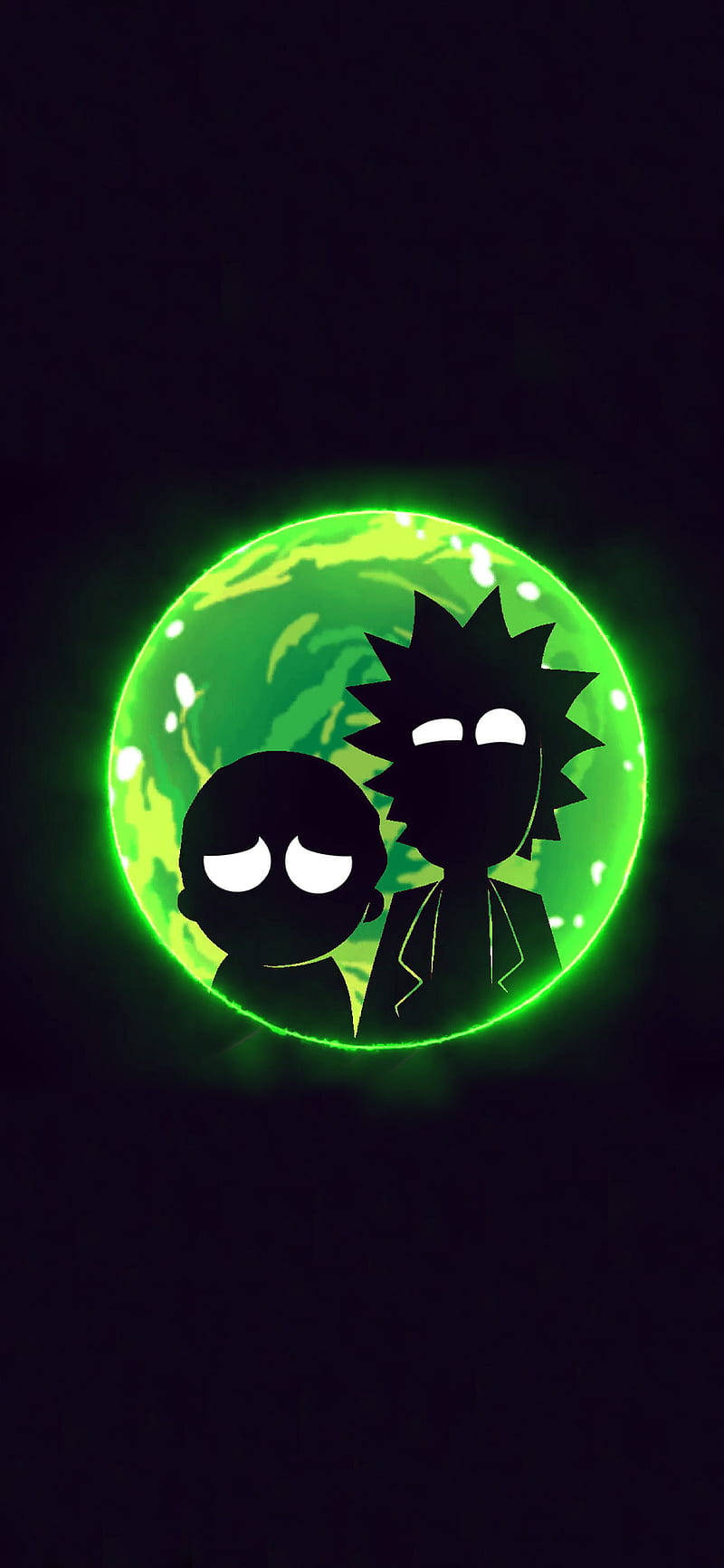 Cartoon 桌布 壁紙 — 兩個卡通角色在黑暗太空背景中，以發光綠色行星為輪廓剪影。