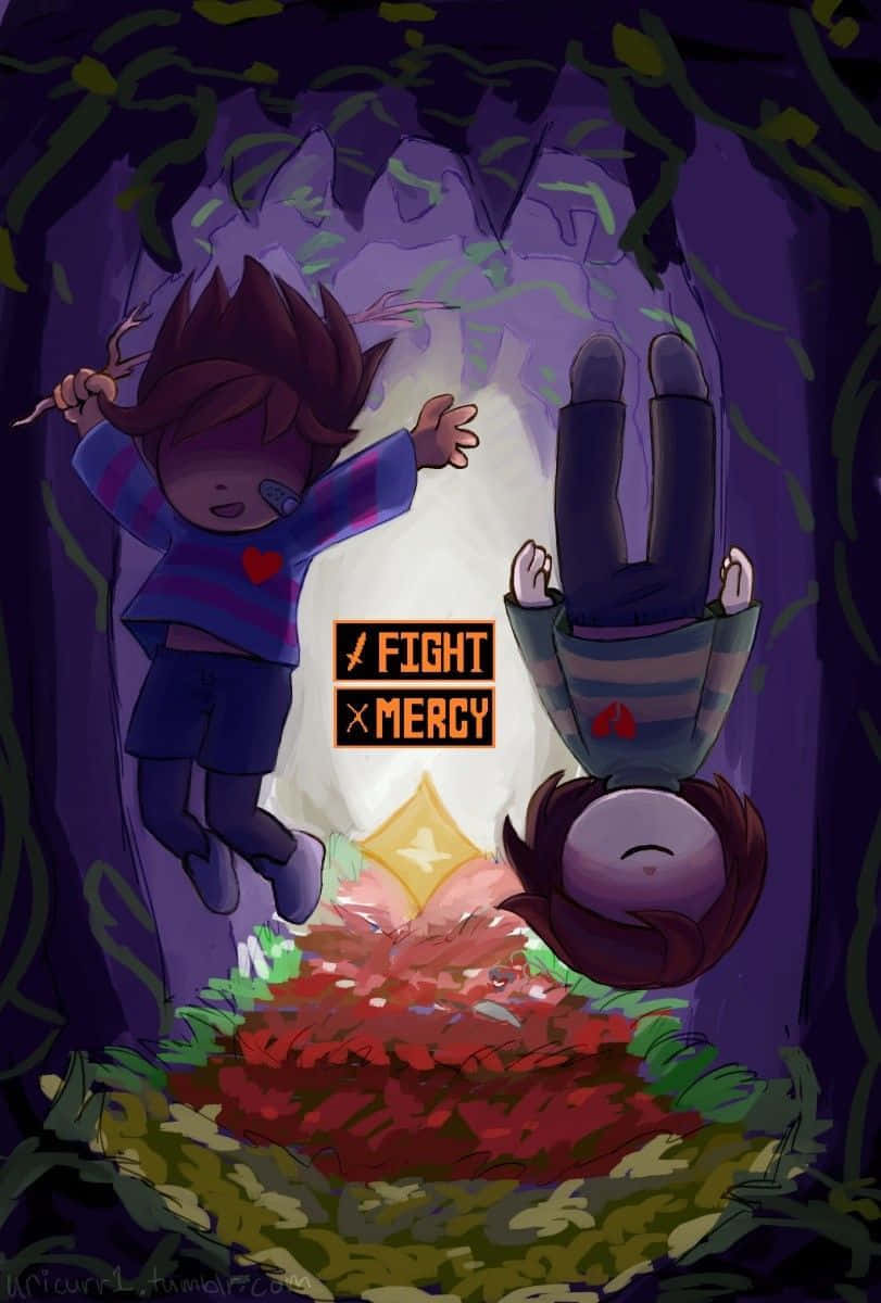 Undertale 桌布 壁紙 — 兩個卡通角色在黑暗洞穴中對峙，一個倒掛著，另一個伸手拿著發光鑽石和文字fight x mercy。
