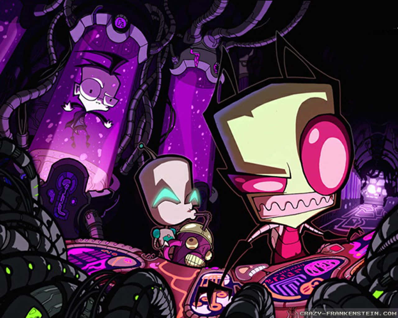Invader Zim 桌布 壁紙 — 兩個卡通角色在黑暗的科幻實驗室中，有發光的紫色管子和機械手臂。