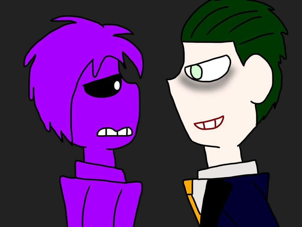 William Afton 桌布 壁紙 — 兩個卡通角色對峙，一個紫色帶憤怒眼神，另一個綠色帶得意笑容，背景深色。