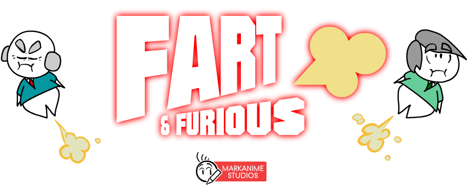 Fart 桌布 壁紙 — 兩個卡通角色帶著憤怒的表情，在一個粗體紅白 'FART & FURIOUS' 標誌附近從屁股噴出黃色屁。