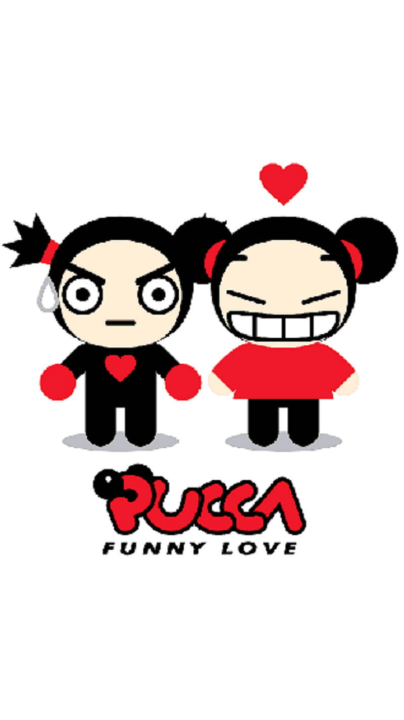 Pucca 桌布 壁紙 — 兩個卡通角色帶著憤怒的表情並肩站在一個漂浮的紅心下面。