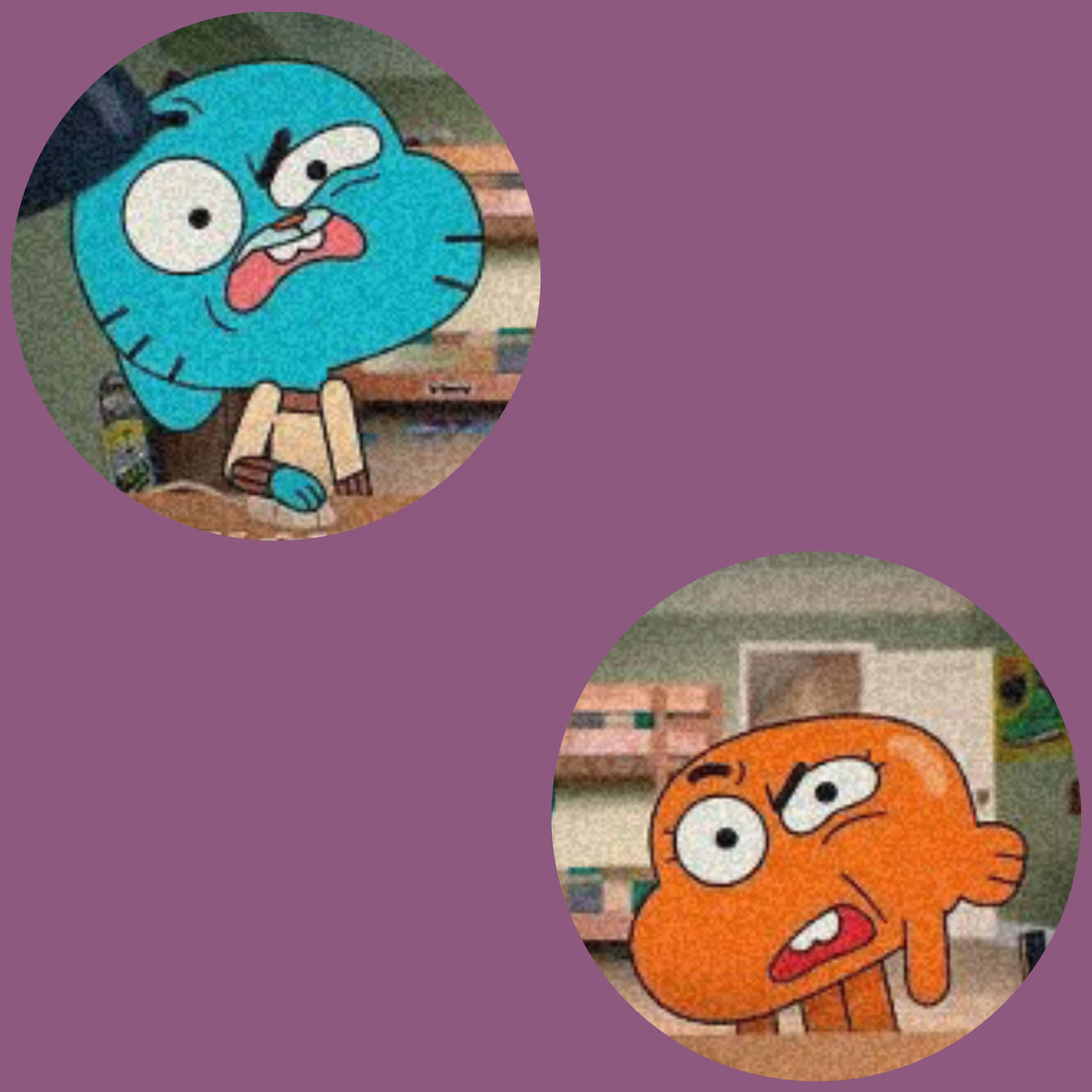Matching Pfp 桌布 壁紙 — 兩個卡通角色帶著憤怒表情出現在圓形框架內，背景為純紫色。