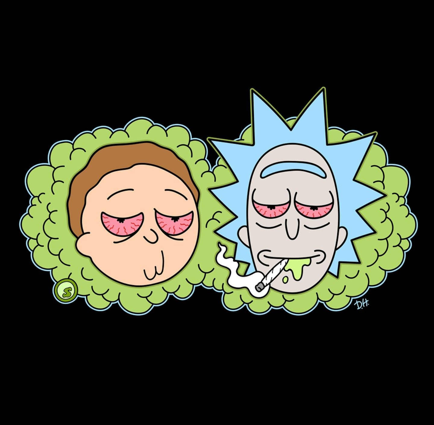瑞克和莫蒂 桌布 壁紙 — 兩個卡通角色帶著疲倦的眼睛和綠色煙霧雲在黑色背景上漂浮。