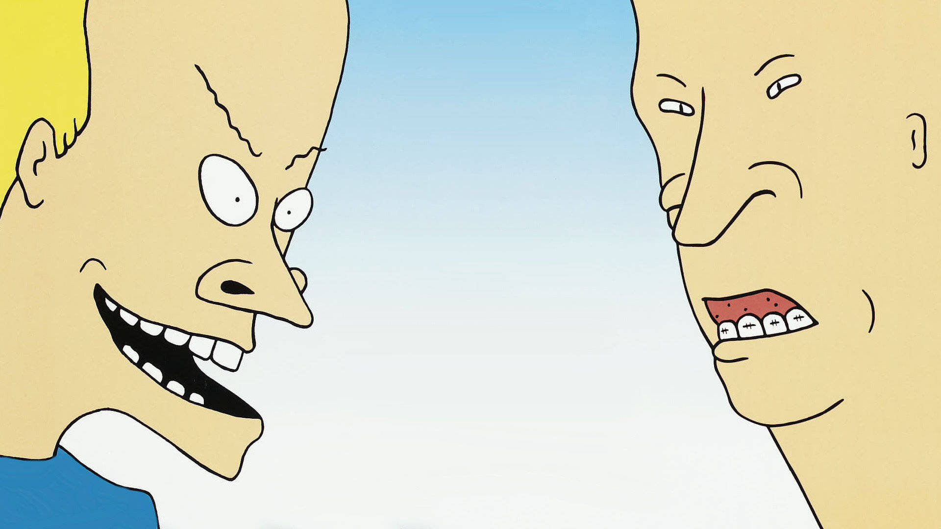 Beavis 桌布 壁紙 — 兩個卡通角色帶著誇張的面部表情，在簡單的天空背景下互相凝視。
