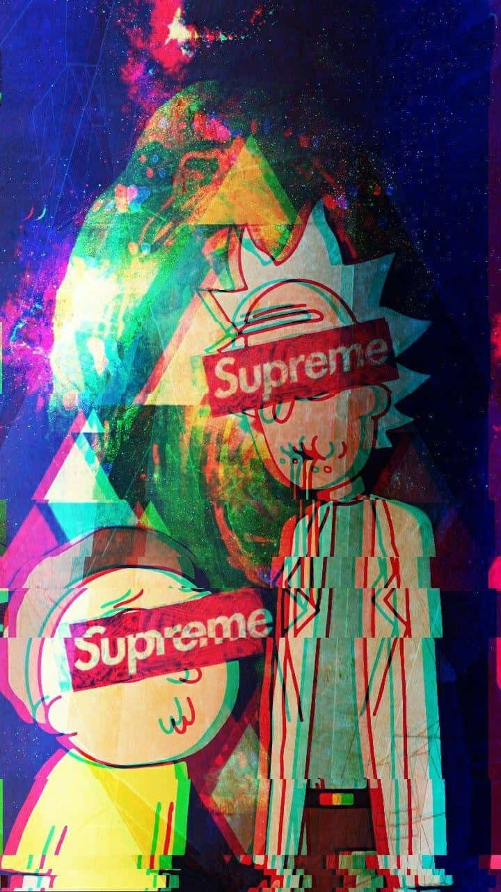 瑞克和莫蒂眼睛上帶有 Supreme 標誌，處於故障太空場景 — 迷幻動圖 壁紙