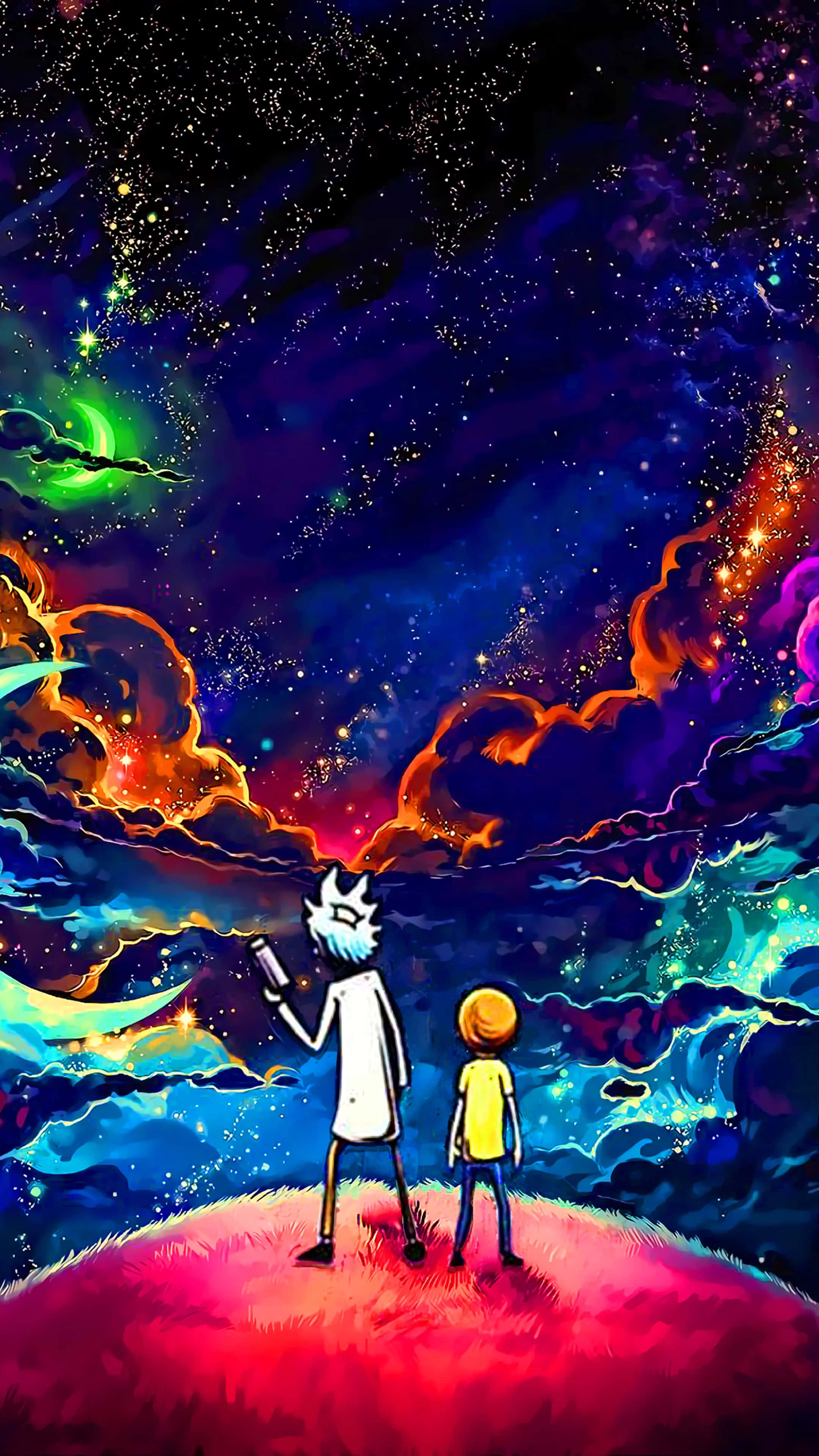 瑞克和莫蒂 桌布 壁紙 — 兩個卡通角色站在發光的星球上，凝視著充滿星星、星雲和旋轉星系的生動宇宙天空。