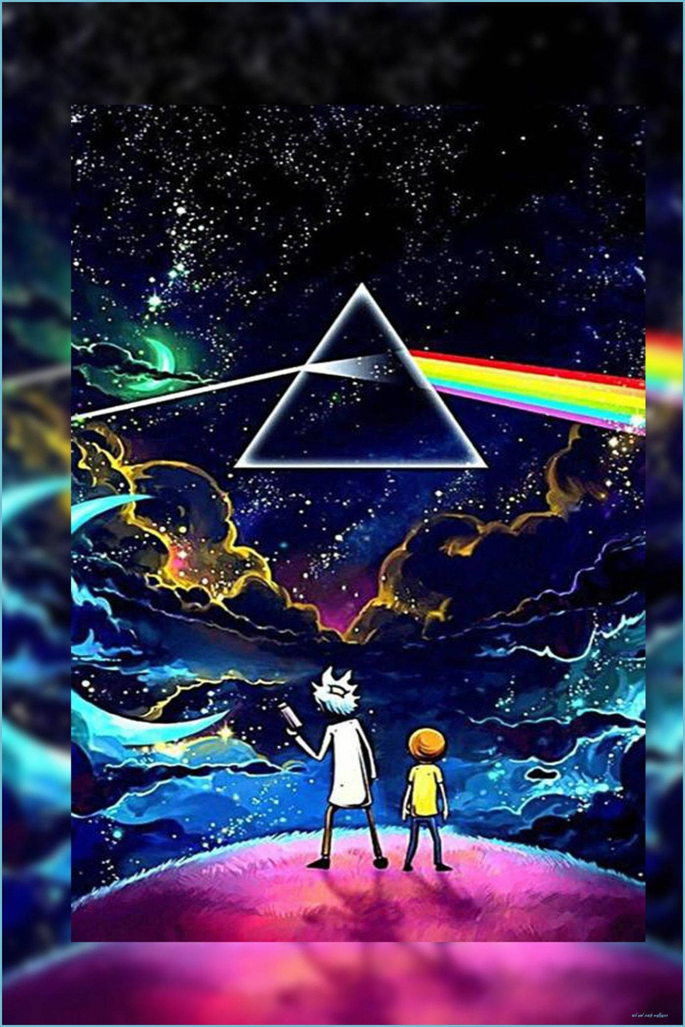 rick 桌布 壁紙 — 兩個卡通角色站在粉紅色星球上，凝視著一個棱鏡，將光線分散在星光燦爛的宇宙天空中。