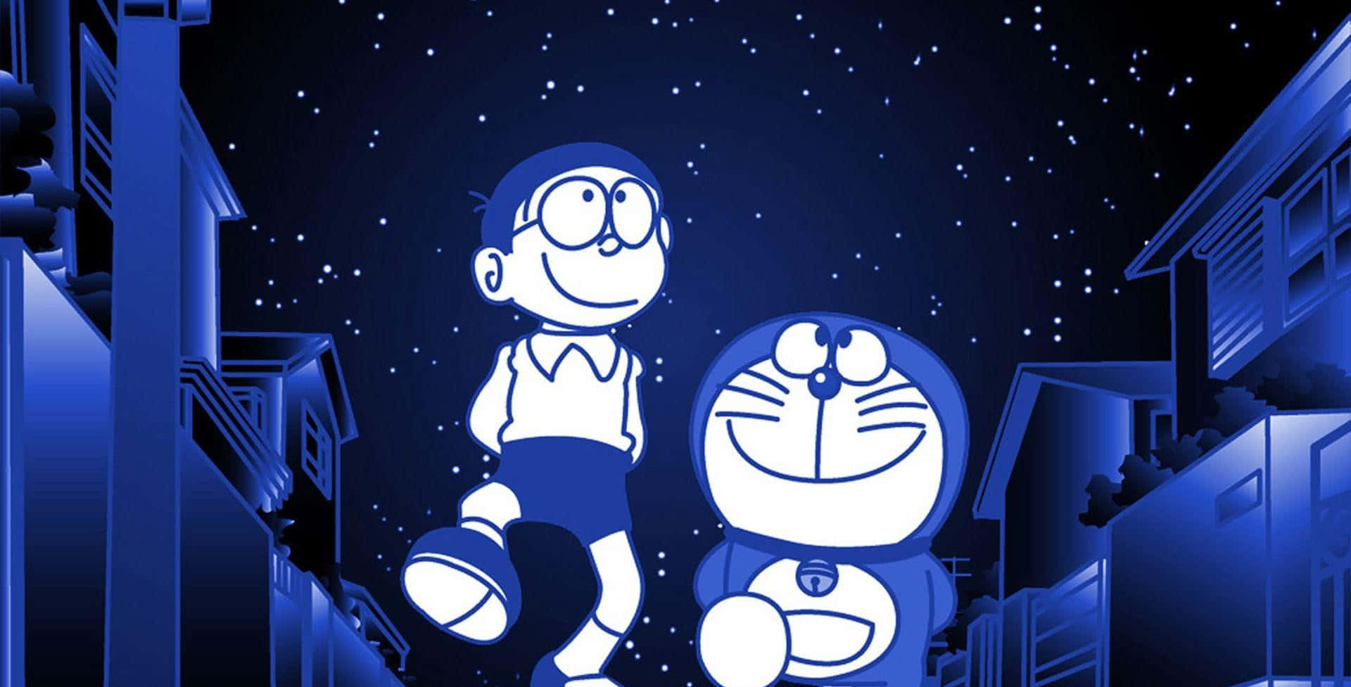 Doraemon 桌布 壁紙 — 兩個卡通角色站在藍色調的城市小巷中，星空下。