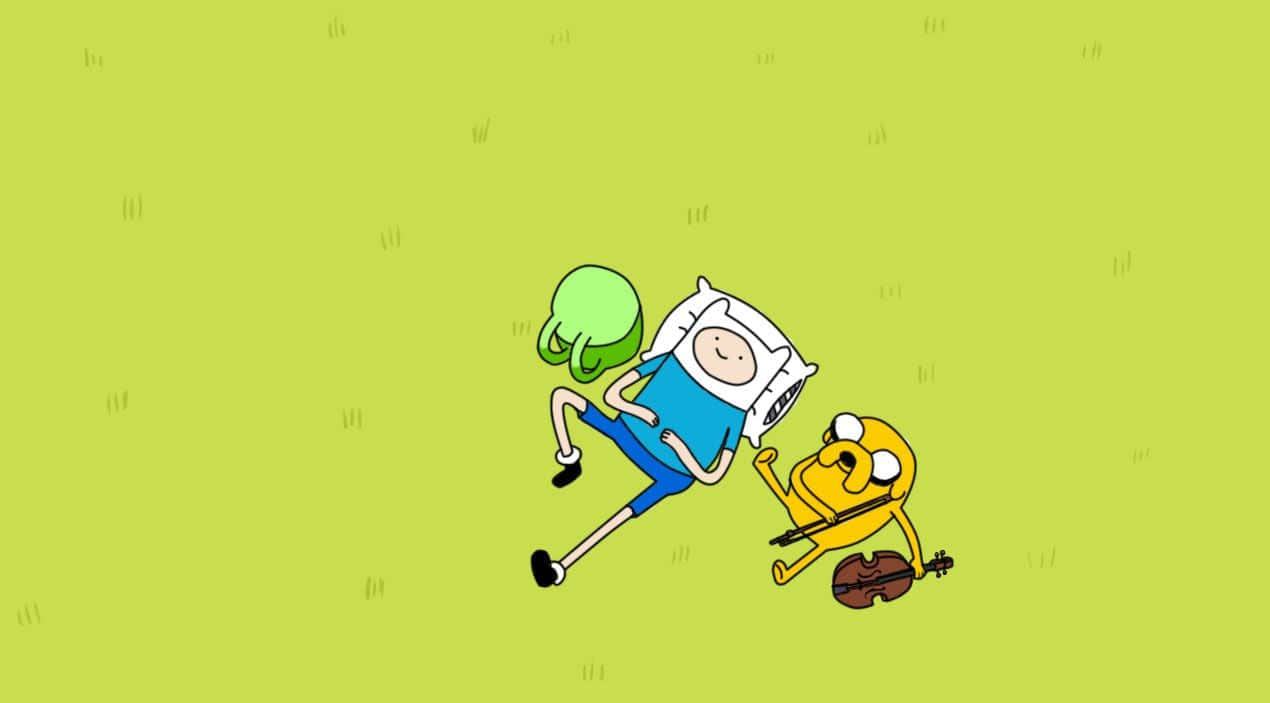 Animated Tv Series 桌布 壁紙 — 兩個卡通角色芬恩和傑克在明亮的萊姆綠色田野上嬉戲翻滾，草地上有稀疏的草筆觸。