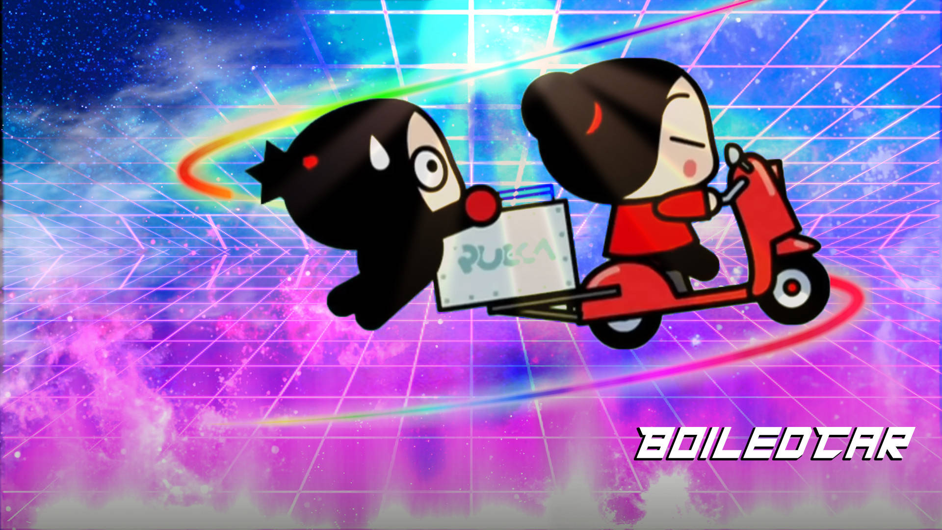 Pucca 桌布 壁紙 — 兩個卡通角色騎著紅色滑板車穿過帶有彩虹痕跡和宇宙雲的霓虹網格天空。