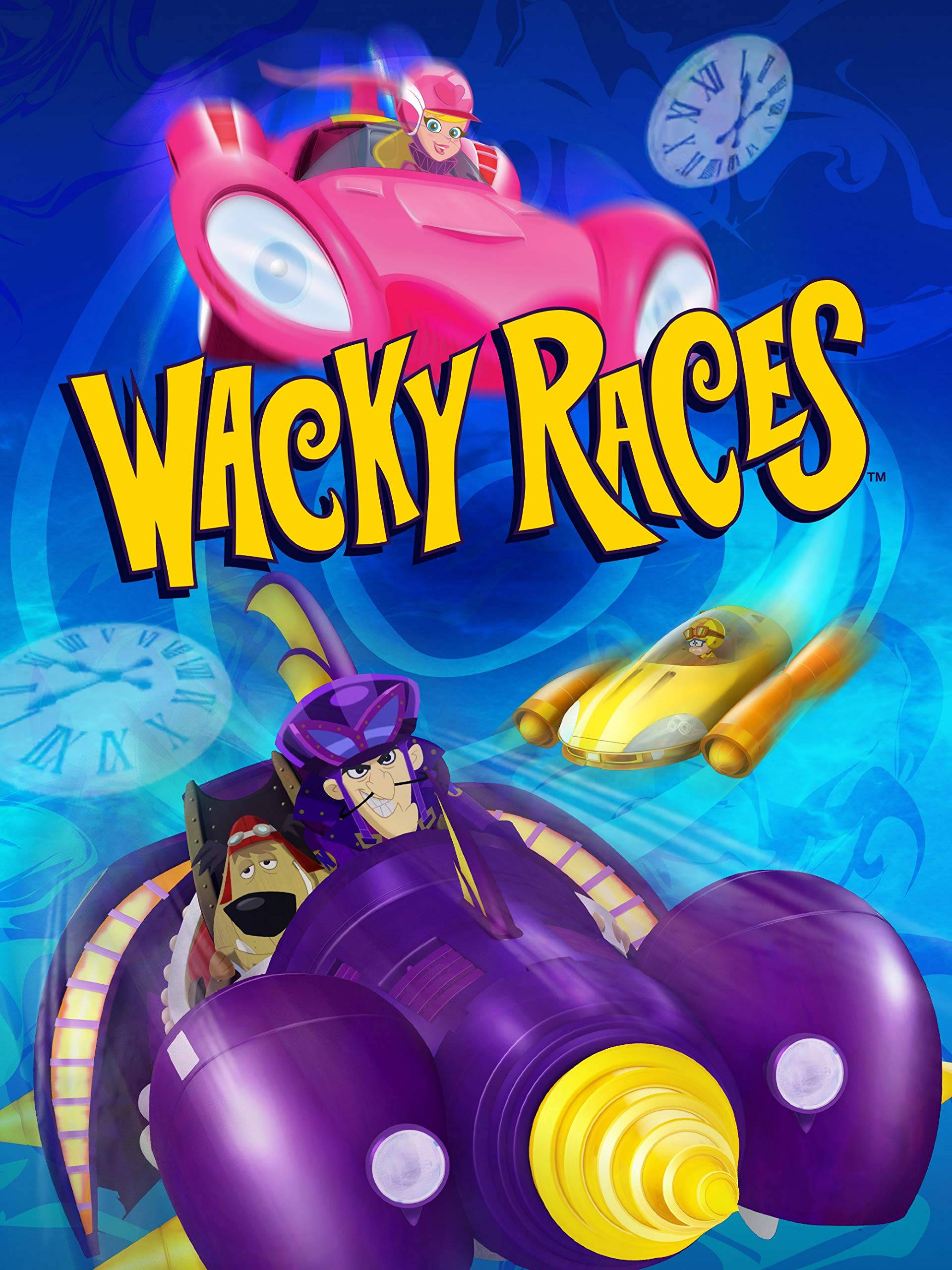 race car 桌布 壁紙 — 兩個卡通賽車手駕駛色彩繽紛的古怪汽車，穿過一個帶有漂浮時鐘的旋轉藍色漩渦。