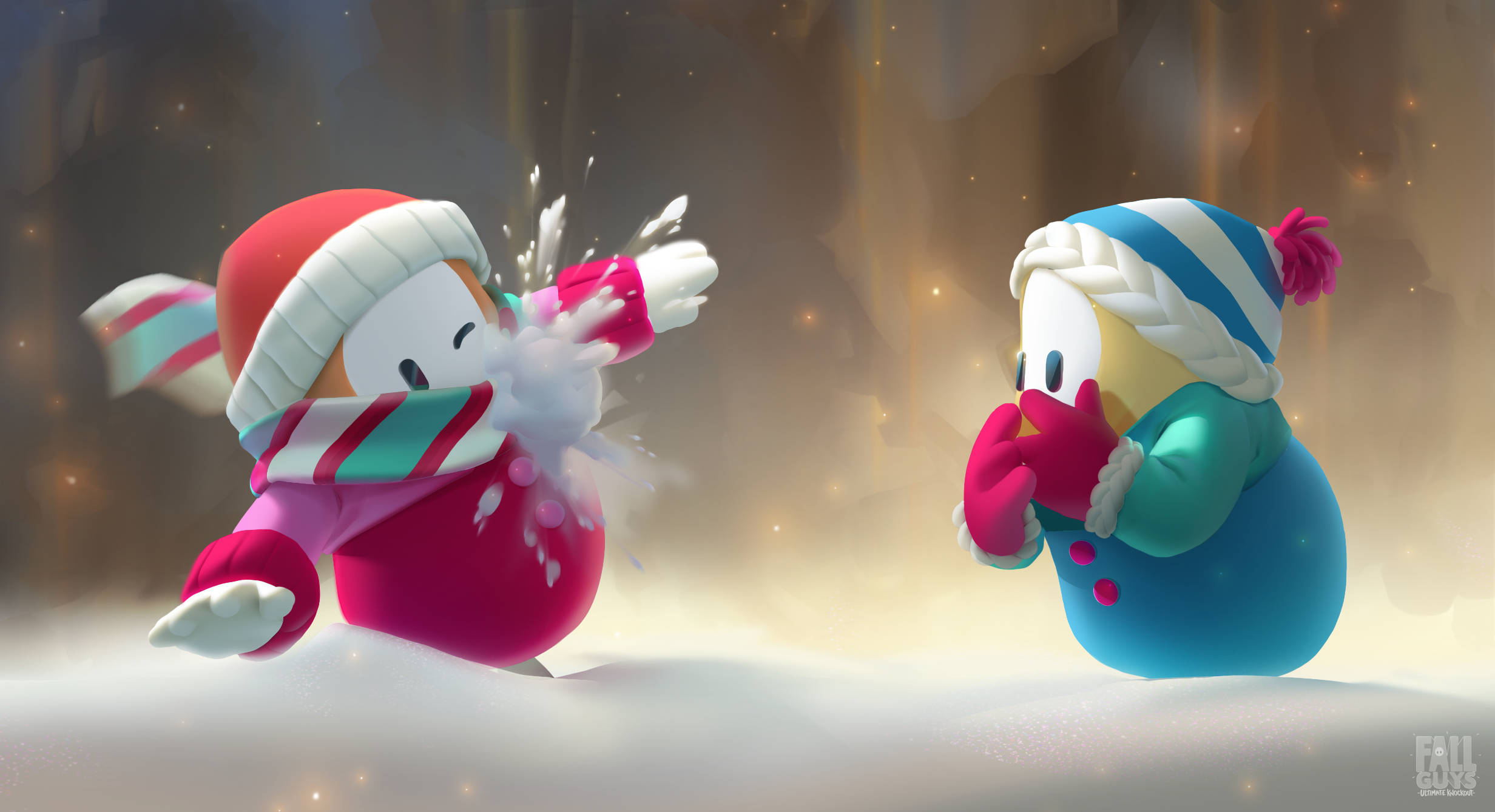 Knockout 桌布 壁紙 — 兩個卡通雪人穿著冬季裝備，在黃金時段於雪地森林中嬉戲地扔雪球。