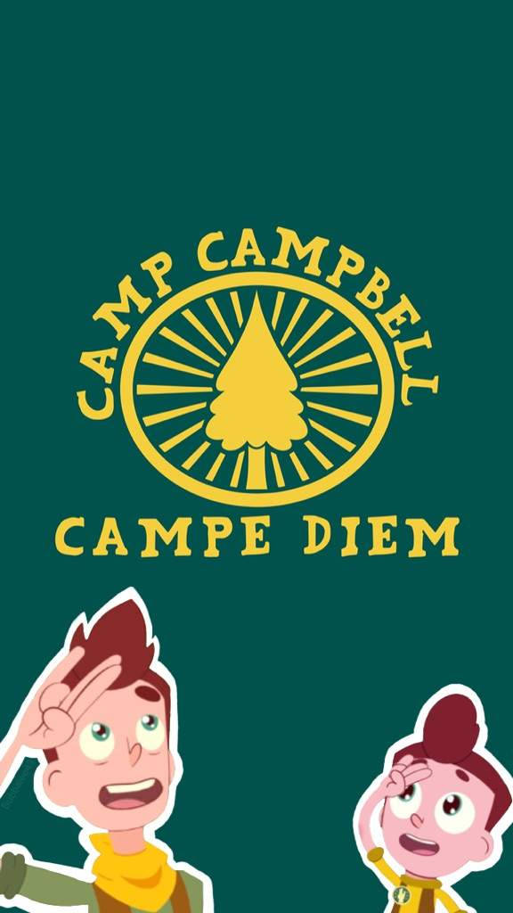 桌布 壁紙 — 兩個卡通露營者在深綠色背景上的黃色Camp Campbell標誌下敬禮。