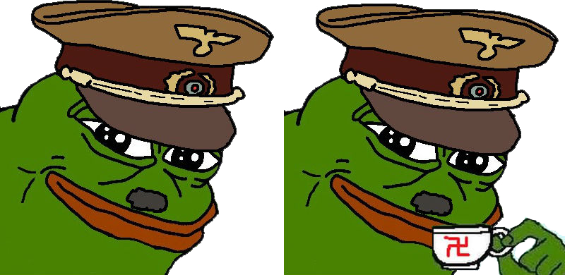 Pepe 桌布 壁紙 — 兩個卡通青蛙臉戴棕色軍帽，其中一個拿著帶有卐字標誌的杯子。