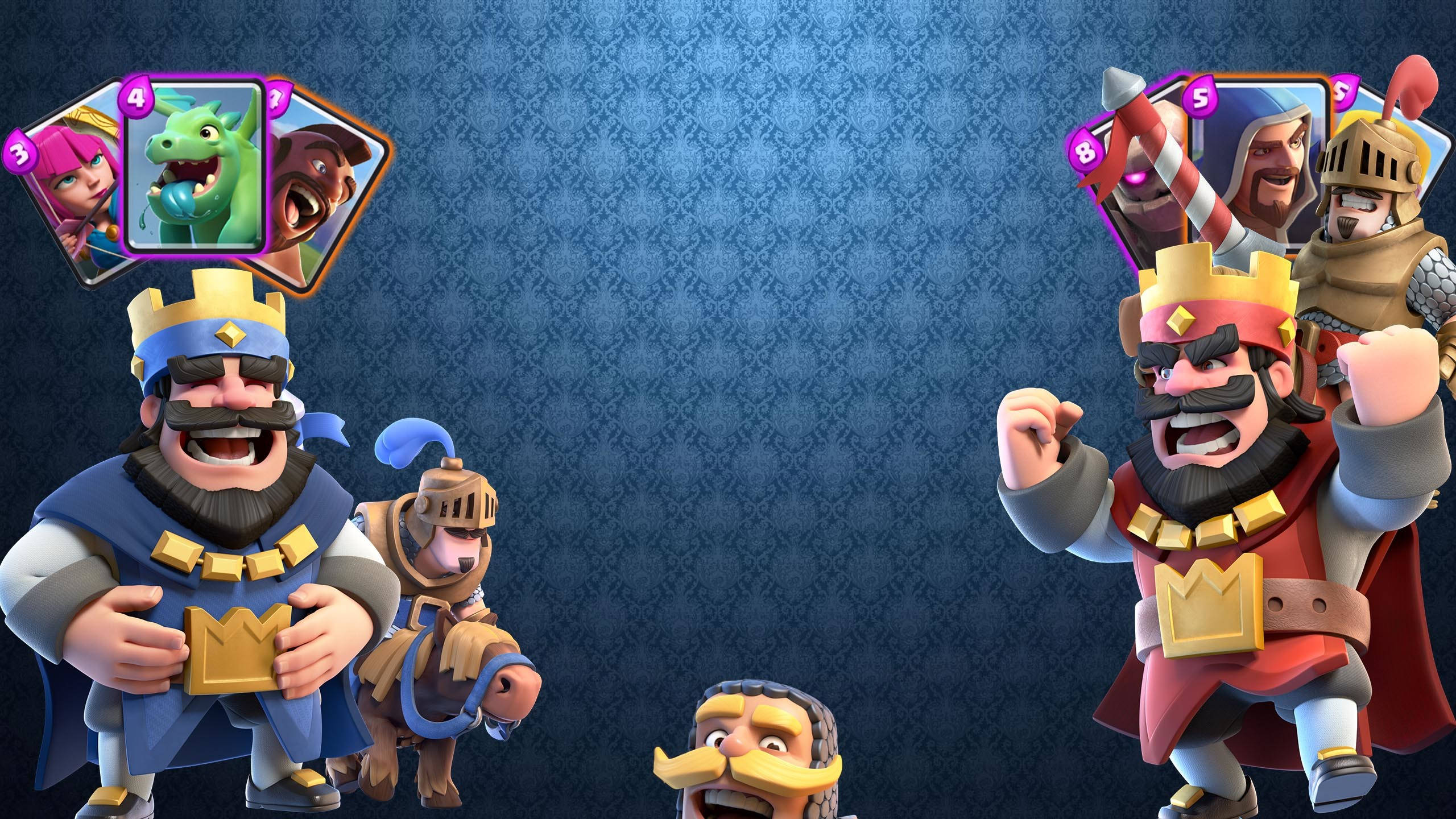 Clash Royale 桌布 壁紙 — 兩個卡通風格的國王，留著鬍子、戴著王冠，在藍色圖案背景上，卡片角色漂浮在他們上方，彼此對峙。