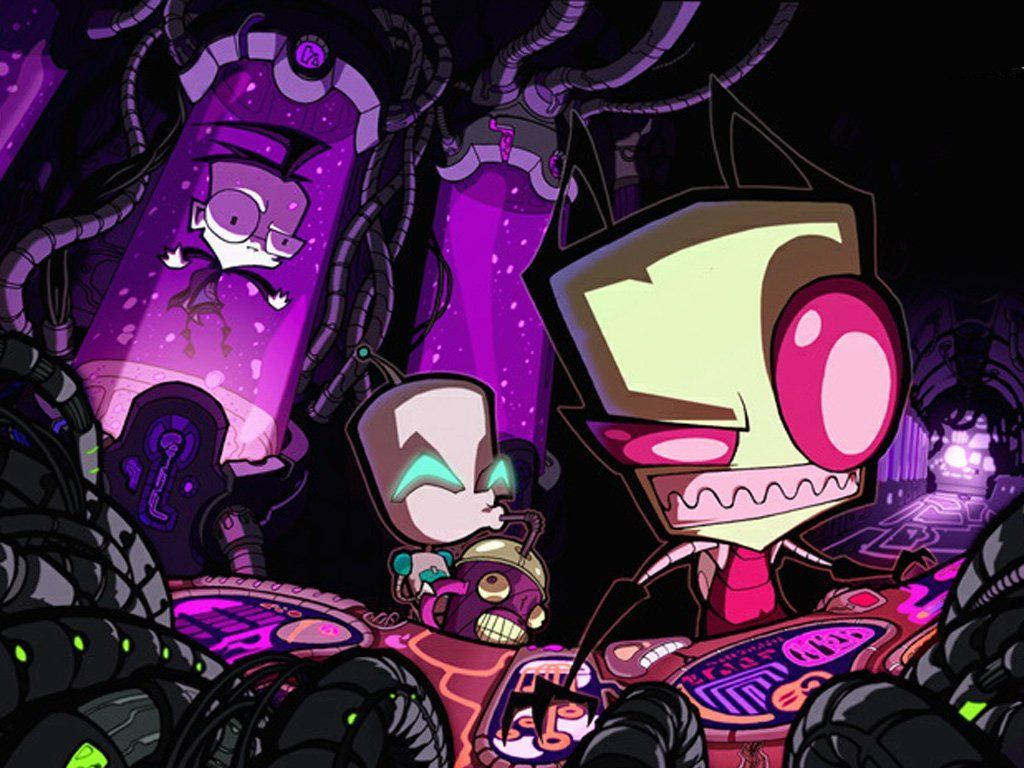 Invader Zim 桌布 壁紙 — 兩個卡通風格的外星角色，有著發光的眼睛和粉紅色點綴，站在黑暗科幻場景中紫色發光的機械之間。