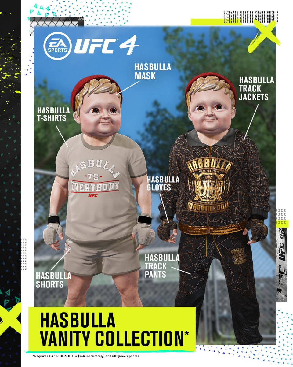 電玩遊戲 桌布 壁紙 — 兩個卡通風格的嬰兒戰士穿著UFC 4 Hasbulla虛榮裝備，在模糊的戶外背景前擺姿勢。